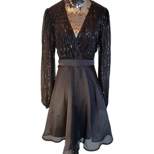 D&m Black Long Sleeved Sequined Dress